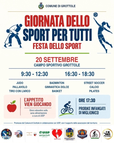 A Grottole la “Giornata dello Sport per Tutti”: il 20 settembre una festa aperta alla comunità