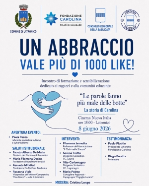 Latronico, ‘un abbraccio’ contro bullismo e cyberbullismo: istituzioni, scuola e famiglie unite nel nome della Fondazione ‘Carolina’