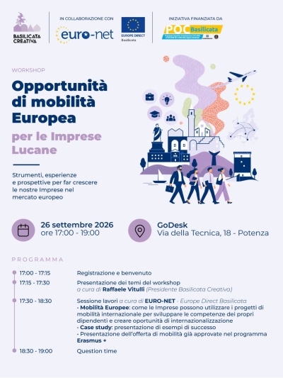 Mobilità europea e imprese lucane, a Potenza il workshop di Basilicata Creativa
