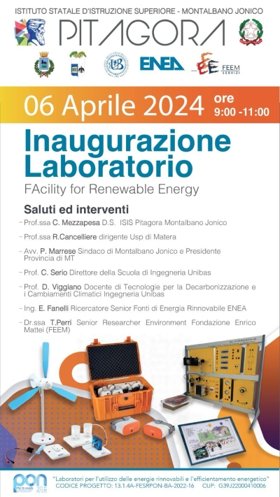 Montalbano Jonico, il 6 aprile l’inaugurazione del laboratorio FARE (Facility for Renewable Energy) dell’Isis Pitagora.