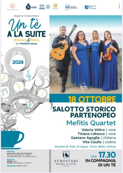 A Matera la musica napoletana inaugura “Un tè alla suite”: domenica 18 ottobre il Mefitis Quartet